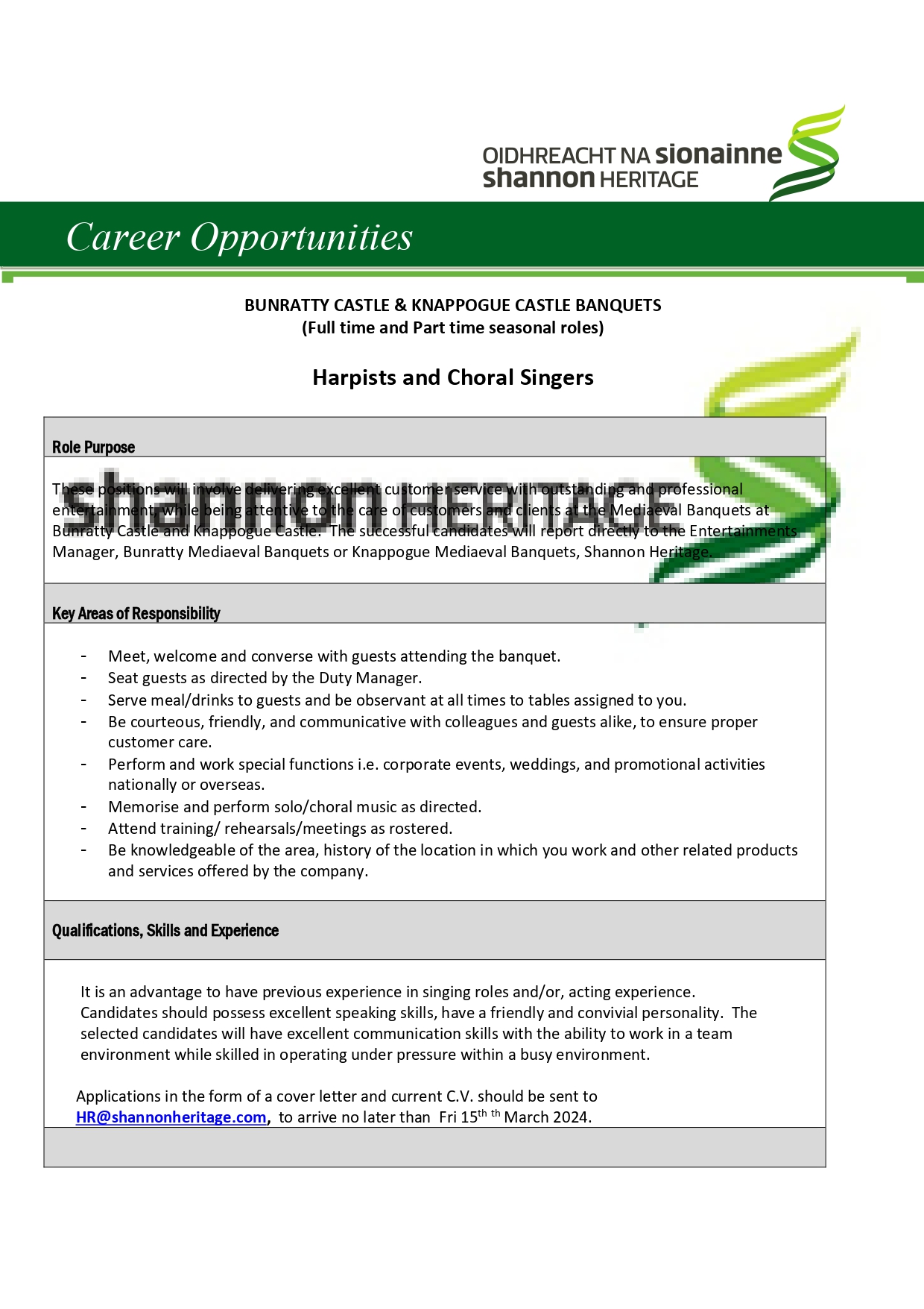 Ad for job positions for Harpist Choral Singers Feb 27th 2024  page 0001